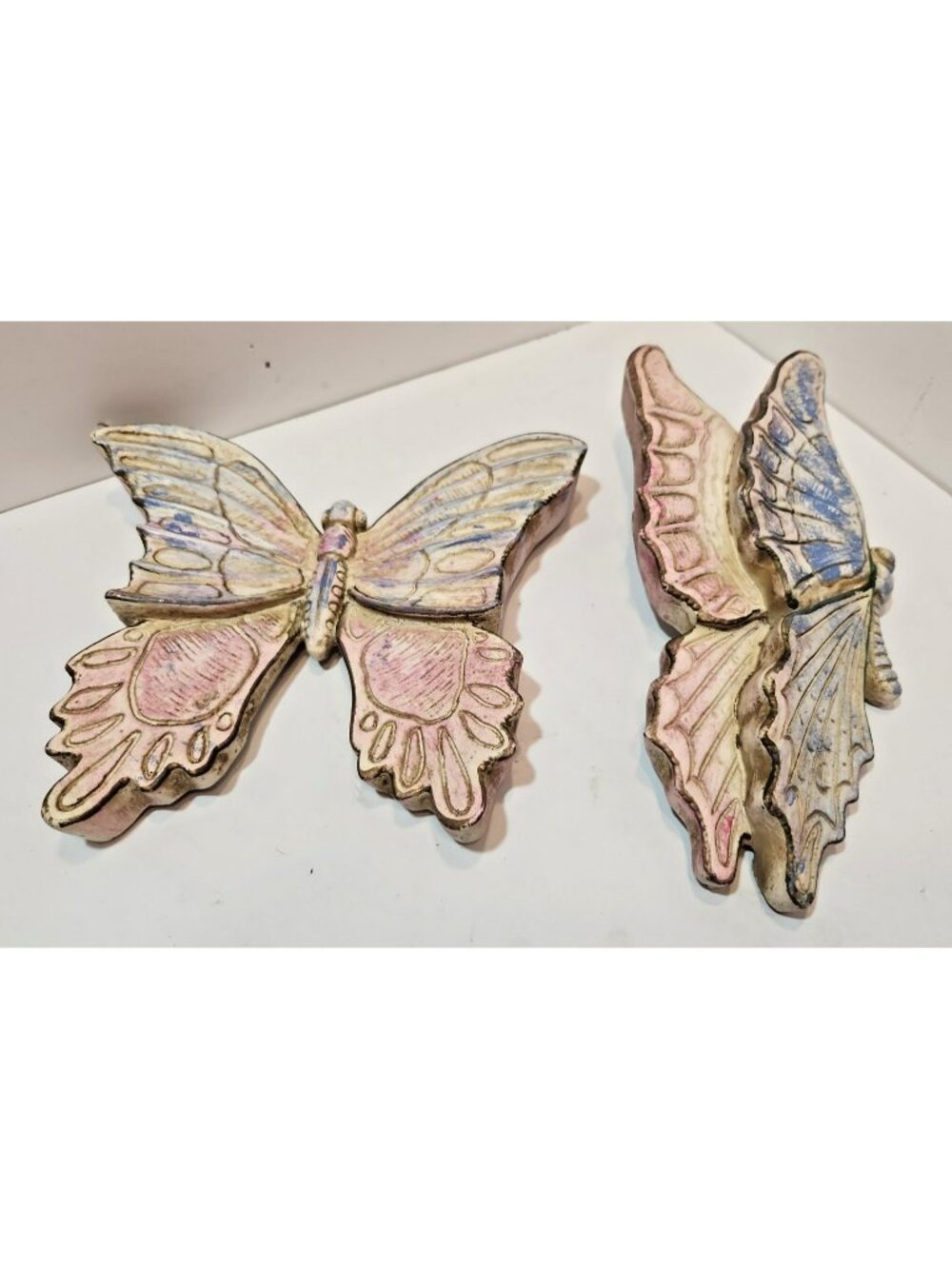 2 Vintage 1963 Universal Statuary Corp Pastel Butterfly Painted Wall Hangings